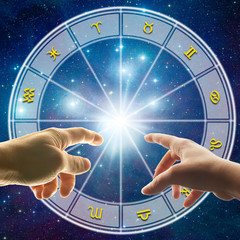 Wall Mural - astrology wheel horoscope with all the signs of the zodiac and male and female hand 
