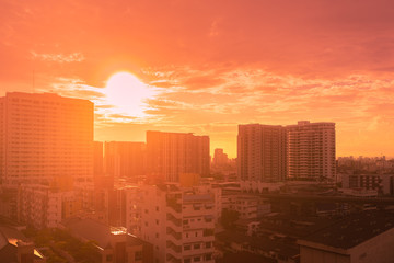 golden light sunset or sunrise in summer bangkok city thailand, hot weather image