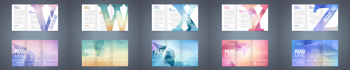 Wall Mural - vector modern tri-fold brochure design template set with colorful polygonal background and letter de