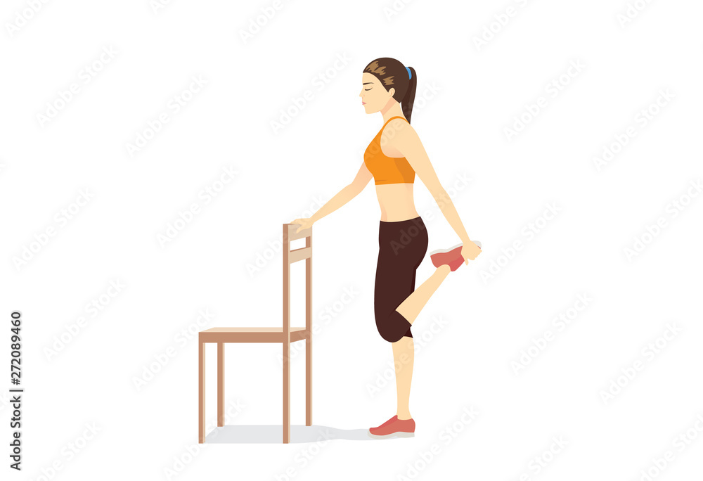 Woman doing Kneeling Quad Stretch with a chair. Illustration about simple Stretching leg muscle. - obrazy, fototapety, plakaty 