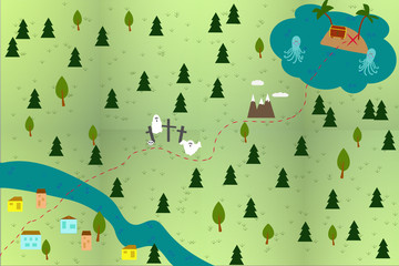 flat treasure map. chest, ghosts, skull, trees, river, island, mountains, houses, octopus, crosses, 