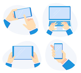 Wall Mural - holding devices in hand. smartphone in hands, hold laptop computer and mobile tablet vector illustra