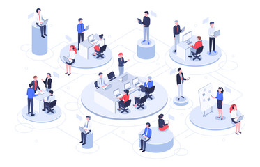 isometric virtual office. business people working together, technology companies workspace and teamw