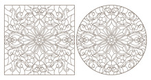 Set Of Contour Illustrations With Abstract Floral Patterns, Round And Square Image, Dark Contours On White Background
