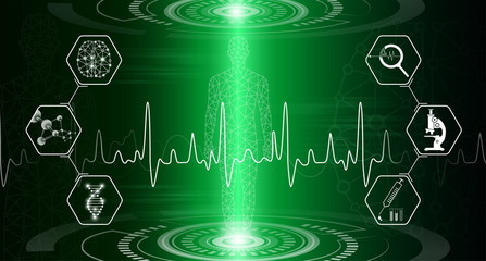 abstract background technology concept in green light,human body heal,technology modern medical science in future and global international medical with tests analysis clone DNA human