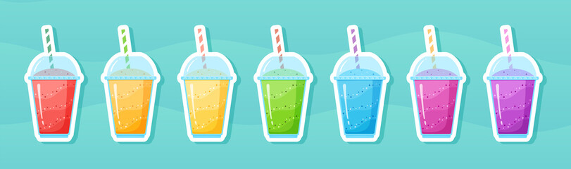 Vitamin smoothie cocktail summer sticker set vector illustration. Fresh juice shaken energy cocktail in glass, rainbow colors with fruit collection for vitamin beverage take away promo sticker