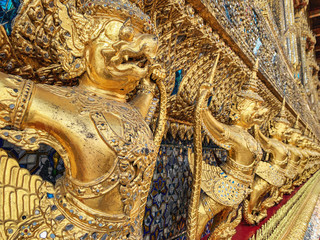 Golden garuda statue in Thailand dynasty temple.