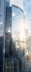 Wall Mural - Vertical Panorama Banner. Double exposure people network structureþþ HR - Human resources management and recruitment concept.