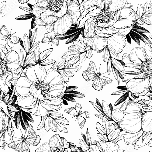 Seamless floral pattern with peonies.