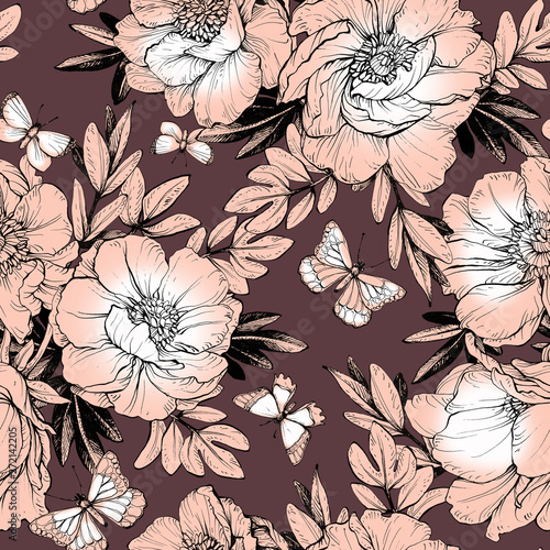 Seamless floral pattern with peonies.