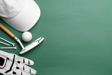 Set Of Golf Equipment On Color Background, Flat Lay. Space For Text