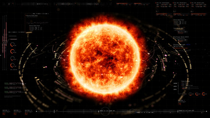 Fototapete - Futuristic motion graphic user interface head up display screen with Holographic Sun Corona Particles and digital data telemetry information display for digital background