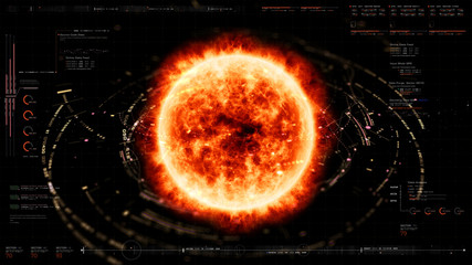 Leinwandbilder - Futuristic motion graphic user interface head up display screen with Holographic Sun Corona Particles and digital data telemetry information display for digital background