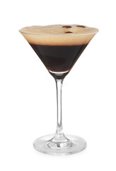 Wall Mural - Glass of Espresso Martini on white background. Alcohol cocktail