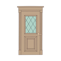 Wall Mural - Brown door with wooden frame and glass window, classic architecture element with wood decorations