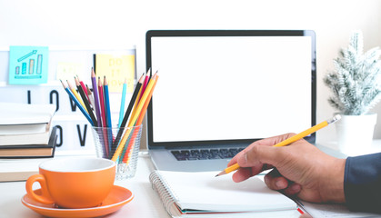 Inspiration ideas concepts with young person hand writing with pencil and notepaper on desk table office.creativity for work