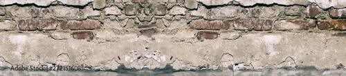 Panorama old damaged brick wall with shabby plaster.