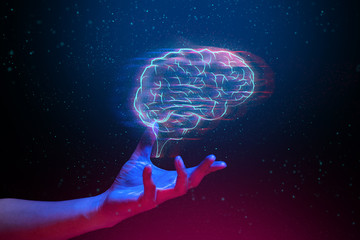 Wall Mural - robot brain digital data ai global network technology hologram with light and hand of human in sci-f