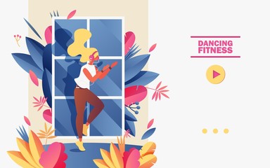 Wall Mural - Dancing fitness school banner or landing page garient template. Vector concept illustration with young woman clapping hands and enjoying vigorous sport exercising in front of window and vivid greenery