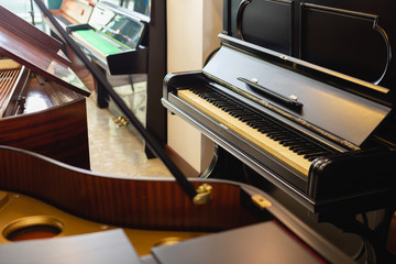 Wood classical musical instruments in a store