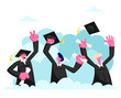 © Pavlo Syvak - Group of Male and Female Characters in Graduation Gowns and Caps Rejoice, Jumping and Cheering Up Happy to Get Diploma Certificate and Finish University Education. Cartoon Flat Vector Illustration