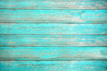 Vintage Beach Wood Background - Old Weathered Wooden Plank Painted In Turquoise Or Blue Sea Color. Hardwood Floor