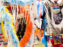 Close Up Of Quill And Orange, Blue And Yellow Feather Bustle At Pow Wow