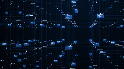 Wall Mural - Big data visualization concept. Machine learning algorithms. Analysis of information. Technology data and binary code network conveying connectivity.