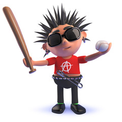 Wall Mural - 3d punk rocker cartoon character holding a baseball bat and ball