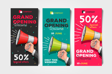 Grand Opening flyer templates with megaphone illustration and discounts