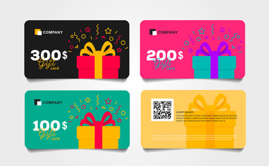 shopping gift cards template set with gift box and dollar numbers vector illustration, voucher layou