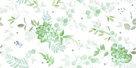 Seamless pattern with elegant greenery and succulent,watercolor effect