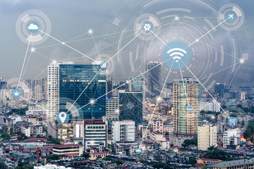 Wall Mural - Smart city and wireless communication network concept. Digital network connection lines of Hanoi city, Vietnam