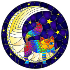 Wall Mural - Illustration in stained glass style with fabulous rainbow kitten  on the moon on a starry sky background, round image 