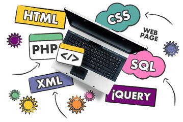 Wall Mural - web page coding. laptop on programming languages names