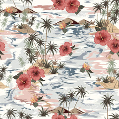 Vintage Beautiful seamless island pattern Landscape with palm treeshibicus,flowers,beach and ocean vector hand drawn style