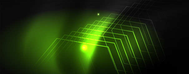 Shiny neon techno template. Neon lines background, 80s style laser rays