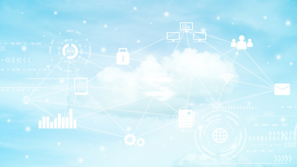 Wall Mural - cloud computing network on blue sky  background for technology global communication concept