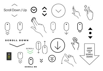 Modern linear pictogram of scroll down. Set of concept line icons scroll down. Icons of scroll down. Scroll down up computer mouse icon. Set of scrolling icons for a website, web design, mobile apps