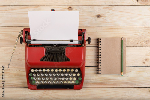 Writer Or Journalist Workplace Vintage Red Typewriter On The