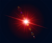 Glowing Lens Flare. Beautiful Glare Effect With Bokeh, Glitter Particles And Rays. Sparkling Red Light Effects Of Flash With Colorful Twinkle. Shining Abstract Background. Vector Illustration.