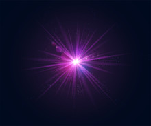Glowing Flash. Beautiful Glare Effect With Bokeh, Glitter Particles And Rays. Sparkling Purple Light Effects Of Lens Flare With Colorful Twinkle. Shining Abstract Background. Vector Illustration.