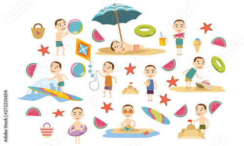 Set A Boy With A Short Haircut In Various Poses In Summer Clothes