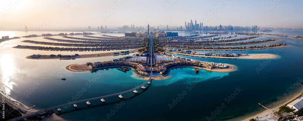 The Palm island panorama with Dubai marina in the background aerial - obrazy, fototapety, plakaty 