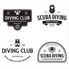 Wall Mural - Set of Scuba diving club and diving school design. Concept for shirt or logo, print, stamp or tee. Vintage typography design with diving gear silhouette