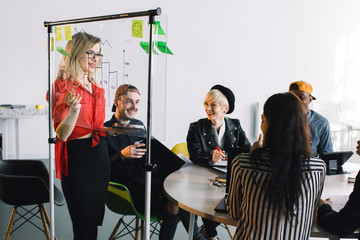 Wall Mural - Portrait of young female team leader of talented freelances organizing work of members motivates and inspire them to make researching, standing near glass board in modern coworking space