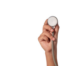 Hand Holding A Stethoscope Isolated On White Background