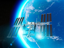 The International Space Station (ISS) Is A Space Station, Or A Habitable Artificial Satellite, In Low Earth Orbit. Satellite View Of The Earth And ISS. Element Of This Images Are Furnished By Nasa. 3d