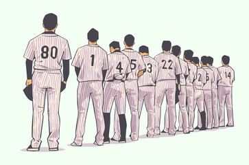 Wall Mural - Illustration of baseball team standing in line at beginning of game