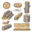 Wood logs, trunk and planks, vector color sketch illustration. Hand drawn wooden materials. Firewood set